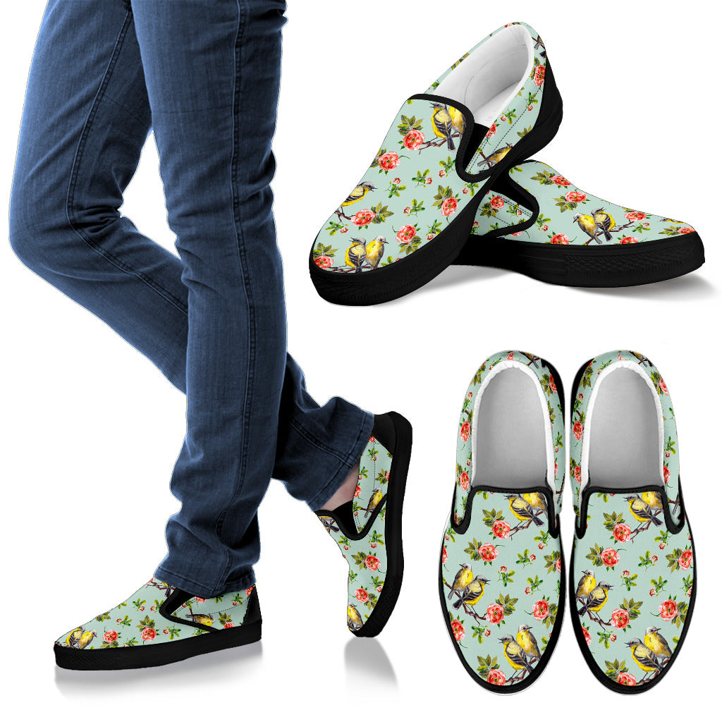 Bird with Red Flower Print Pattern Men Slip Ons Shoes