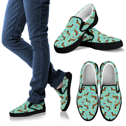 Dachshund with Floral Print Pattern Men Slip Ons Shoes