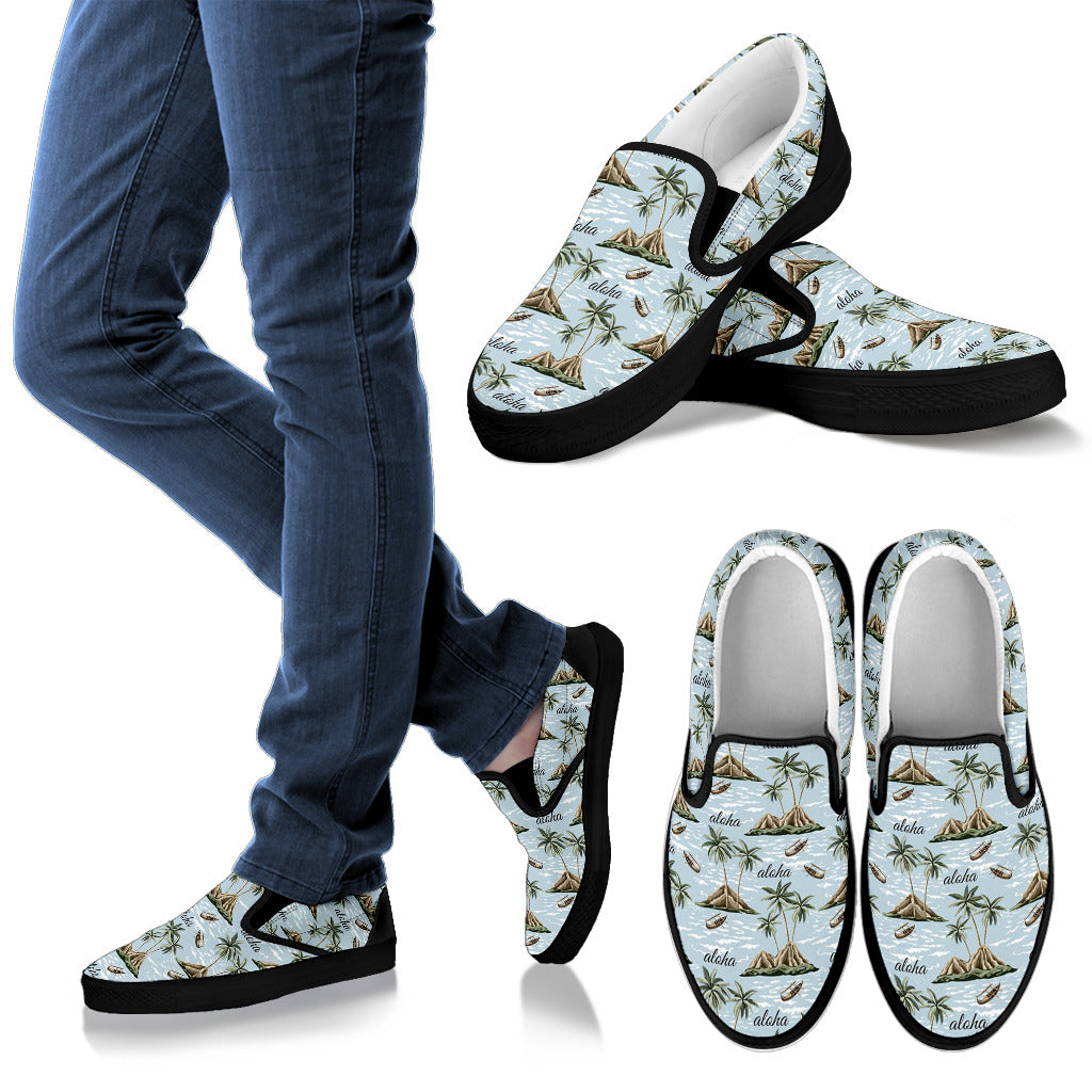 Aloha Hawaii island Design Themed Print Men Slip Ons Shoes