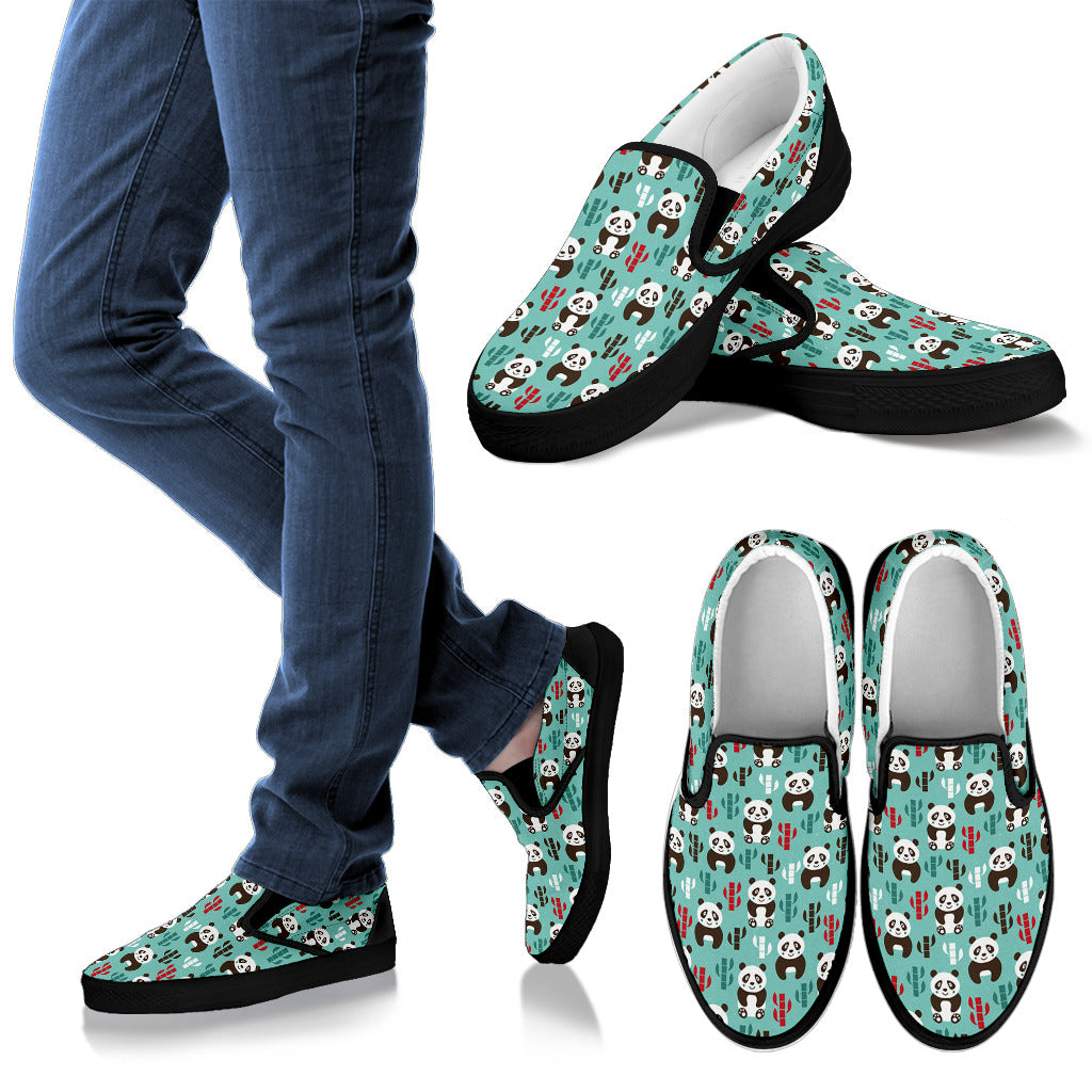Panda Bear Cute Themed Print Men Slip Ons Shoes