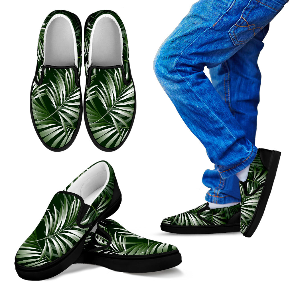 White Green Tropical Palm Leaves Men Slip Ons Shoes