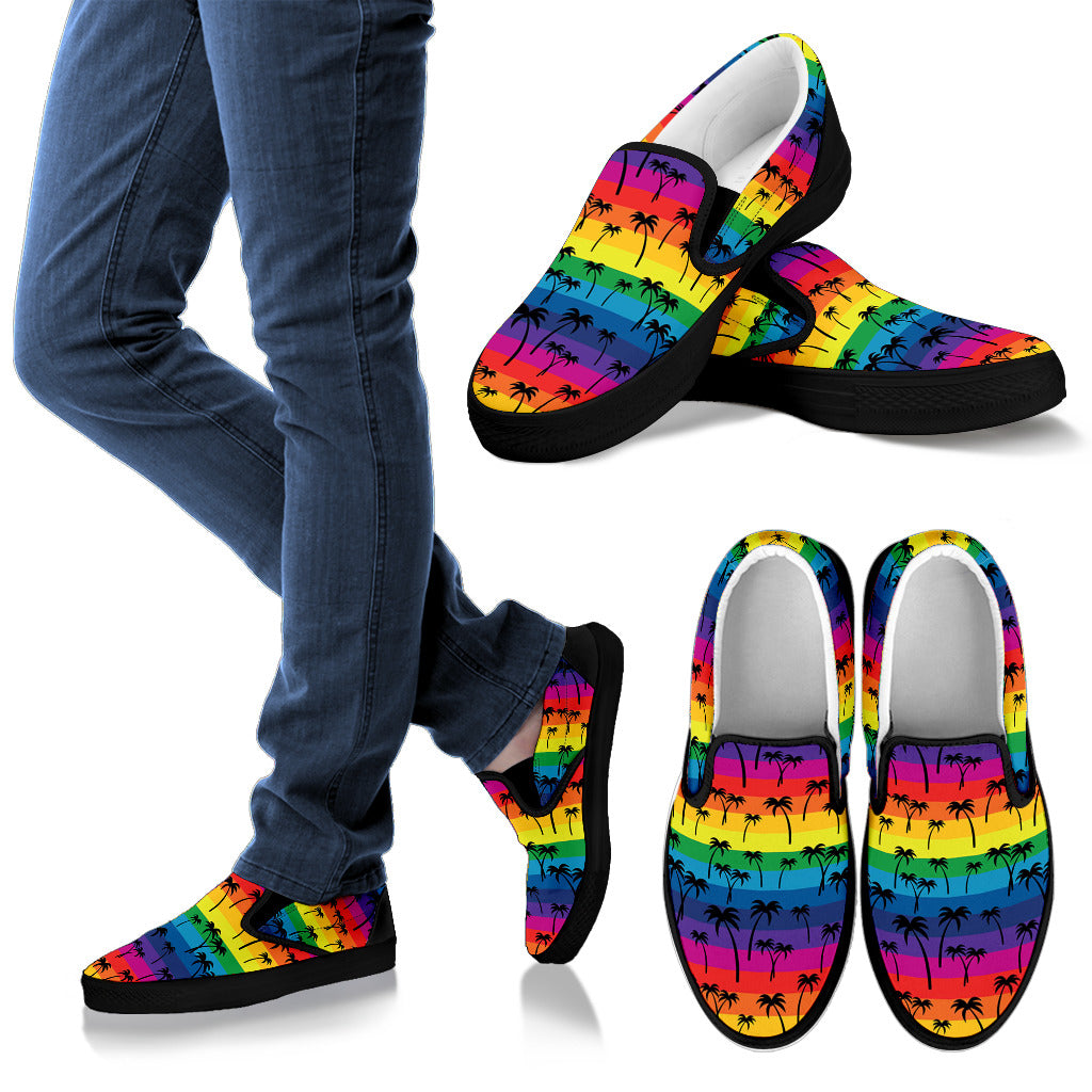 Palm Tree Rainbow Themed Print Men Slip Ons Shoes