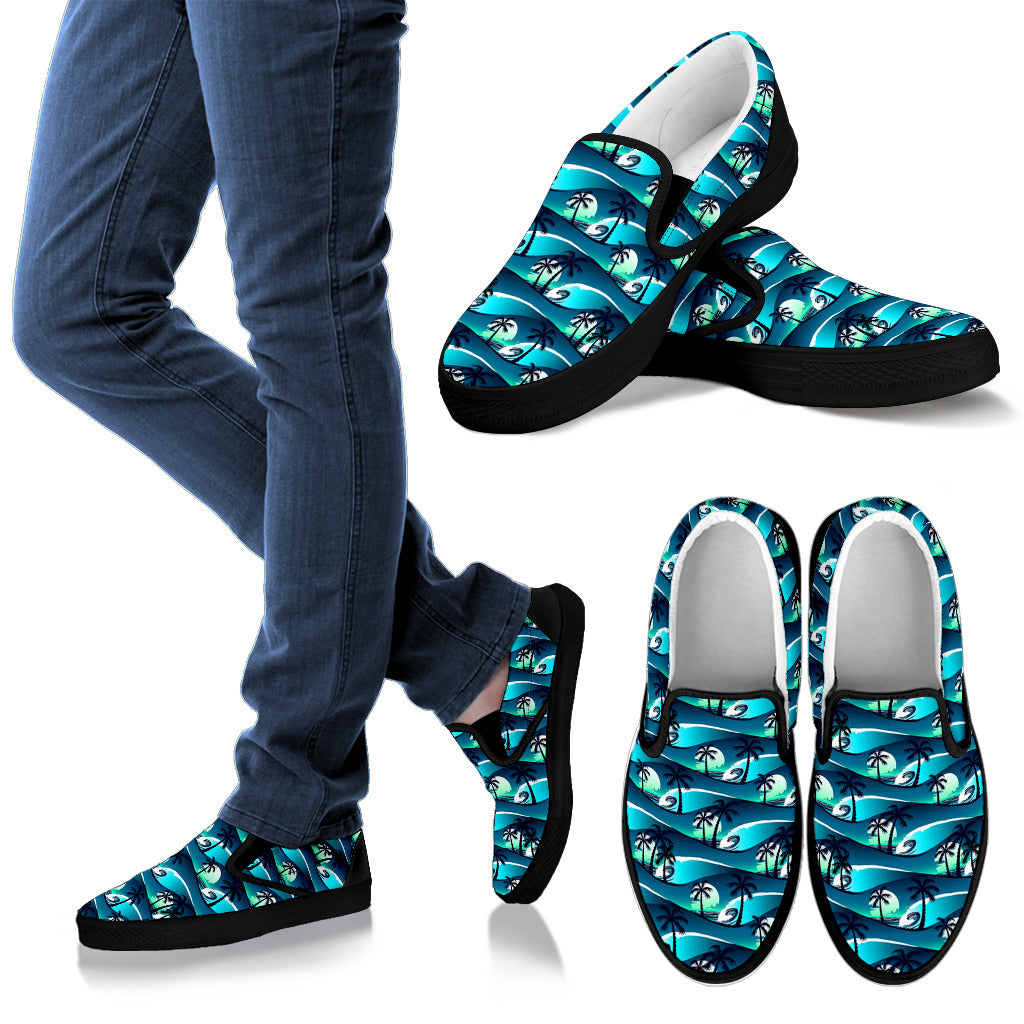 Beach Wave Design Print Men Slip Ons Shoes