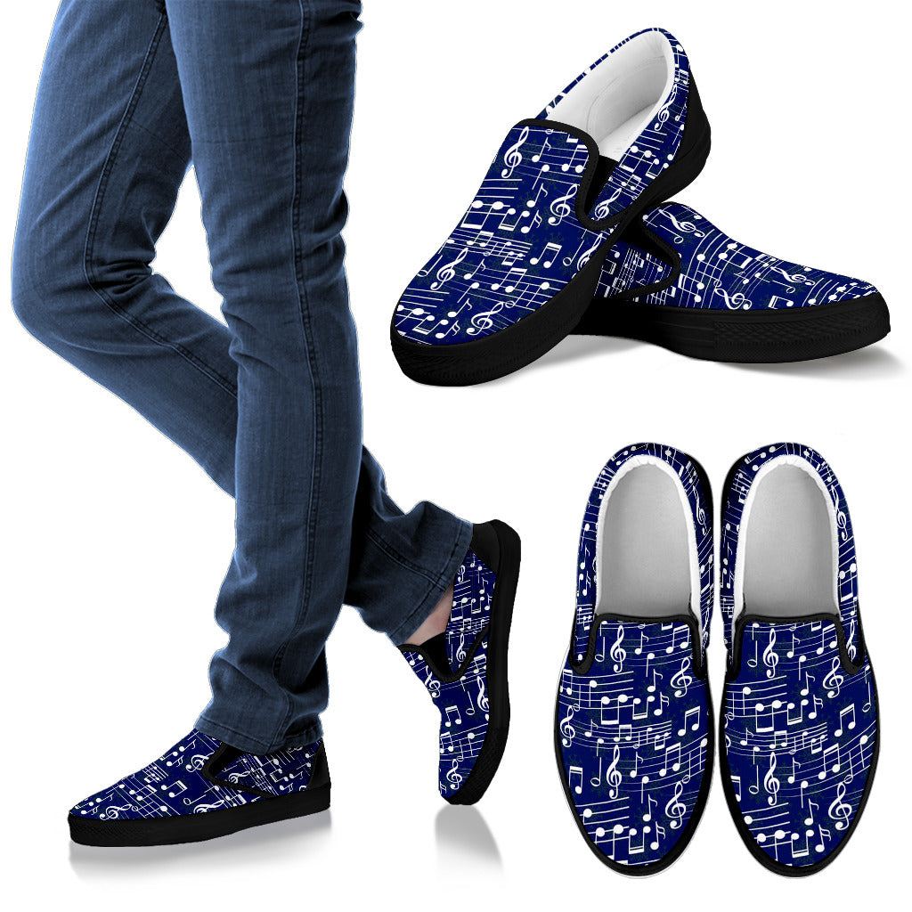Music Note Blue Themed Print Men Slip Ons Shoes