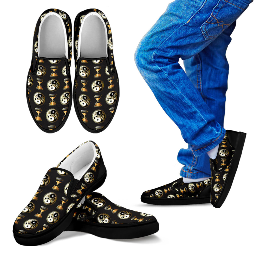 Yin Yang Skull Themed Design Print Men Slip Ons Shoes