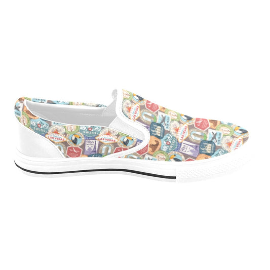Travel Stamp Print Design LKS301 White Slip Ons Canvas Women's Shoes