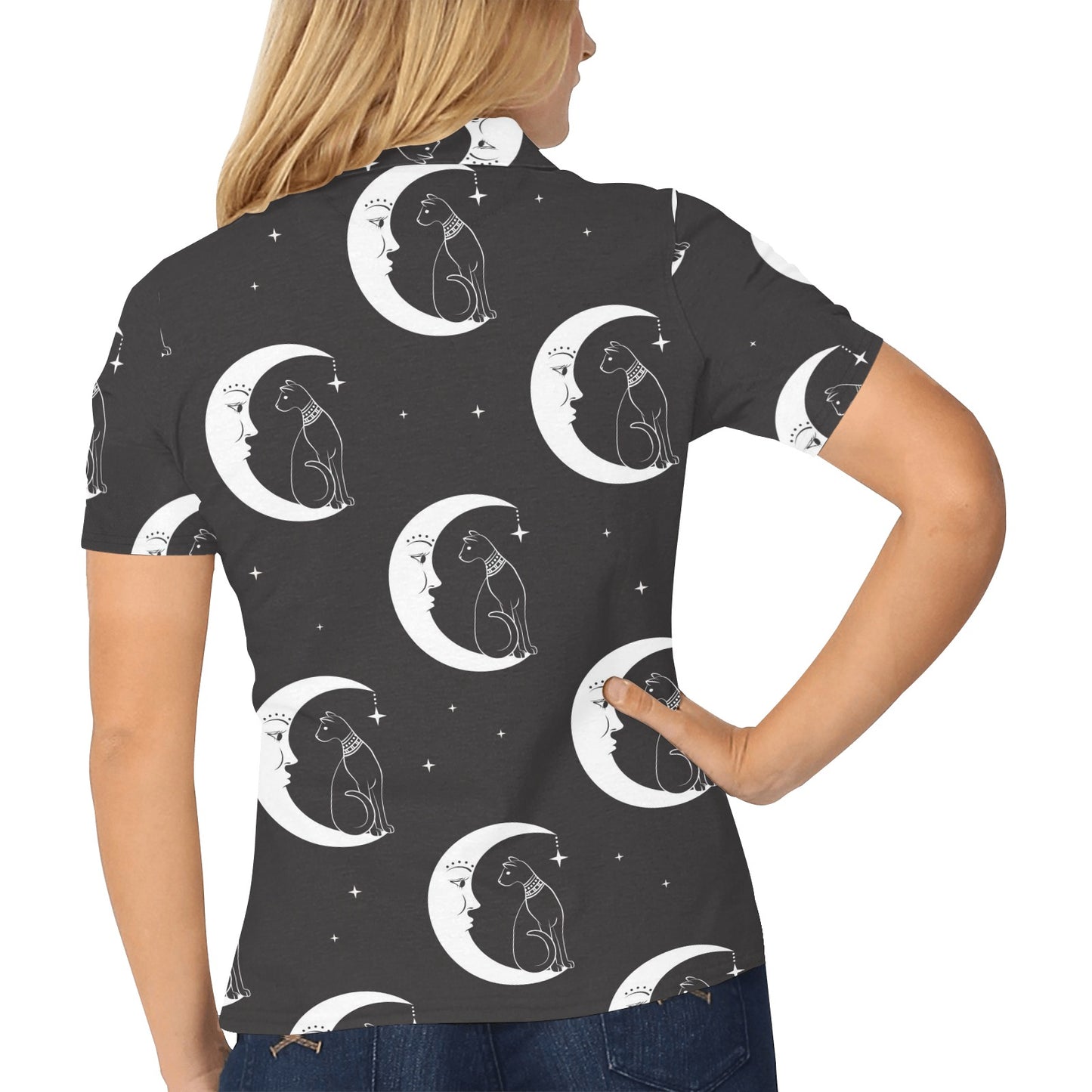 Moon with Cat Pattern Print Design 04 Women's Polo Shirt