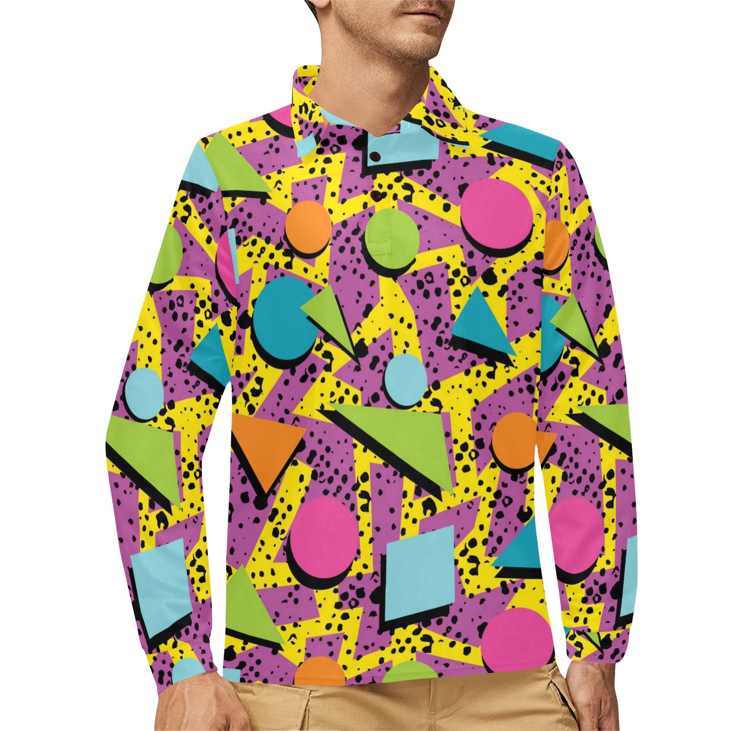 80s Pattern Print Design 1 Long Sleeve Polo Shirt For Men's