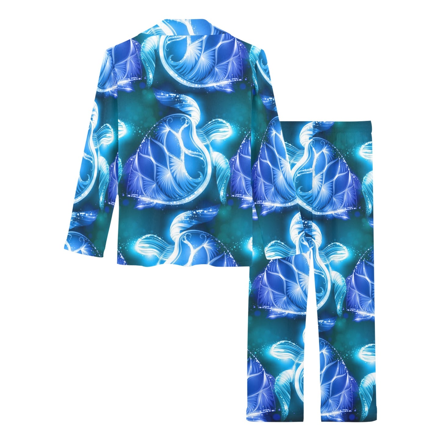 Blue Neon Sea Turtle Print Women's Long Pajama Set