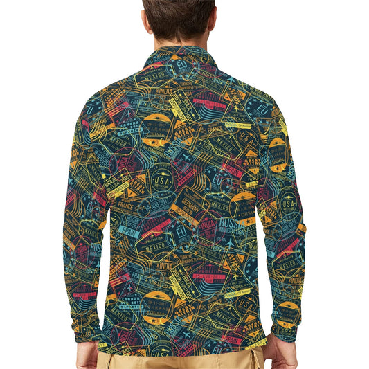 Travel Stamp Colorful Print Design LKS304 Long Sleeve Polo Shirt For Men's
