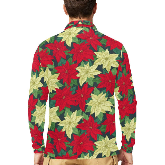 Poinsettia Pattern Print Design POT06 Long Sleeve Polo Shirt For Men's