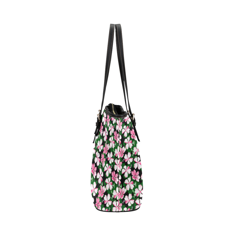 Hibiscus Pink Flower Hawaiian Print Leather Tote Bag
