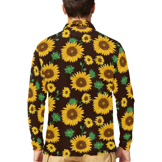 Sunflower Pattern Print Design SF01 Long Sleeve Polo Shirt For Men's
