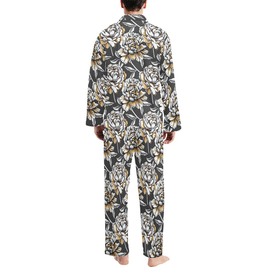 Peony Pattern Print Design PE06 Men's Long Pajama Set