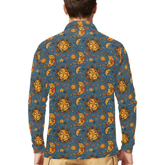 Celestial Moon Sun Pattern Print Design 02 Long Sleeve Polo Shirt For Men's