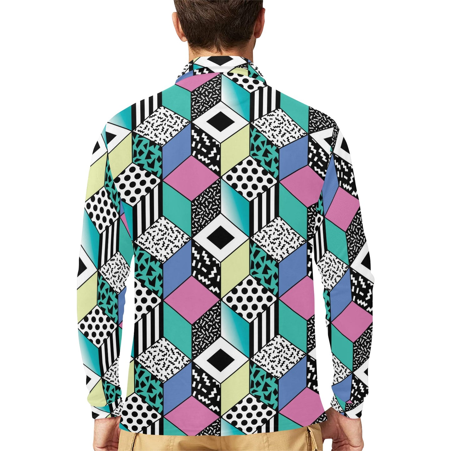 90s Pattern Print Design 3 Long Sleeve Polo Shirt For Men's