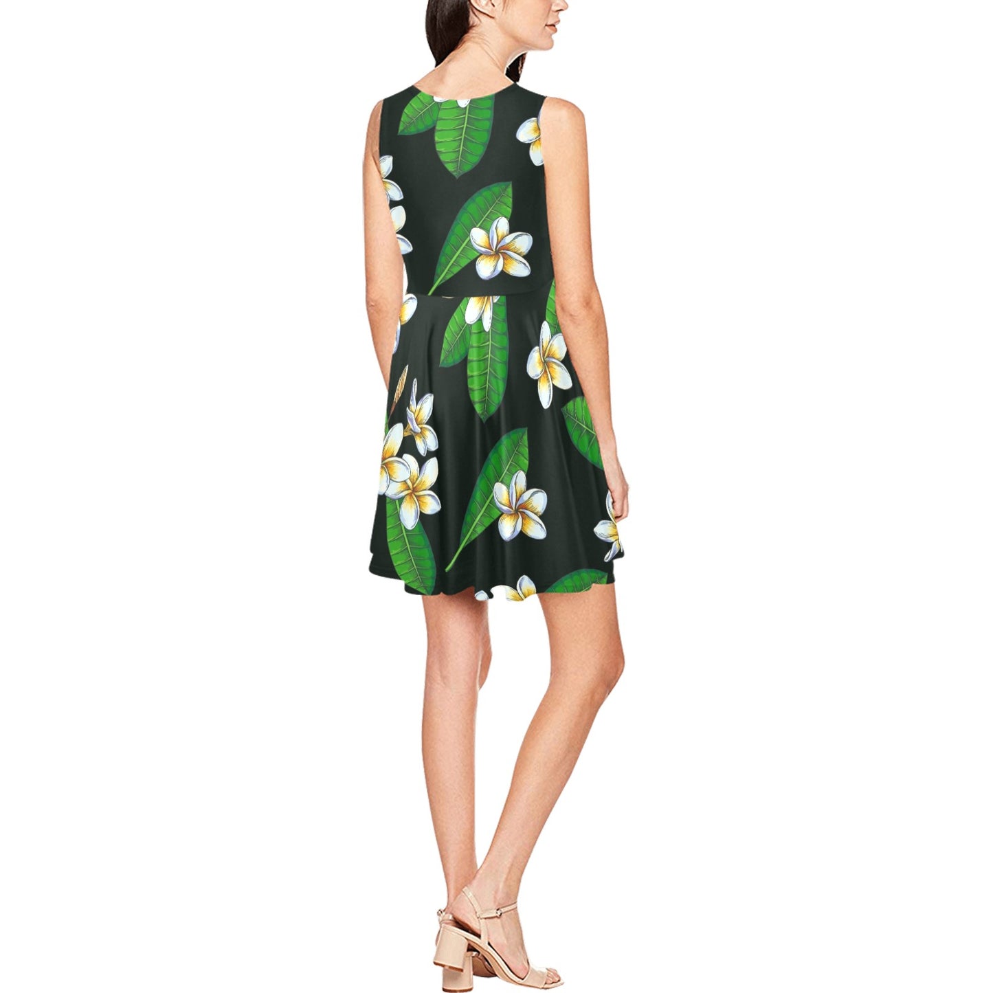 White Plumeria Pattern Print Design PM023 Sleeveless Dress