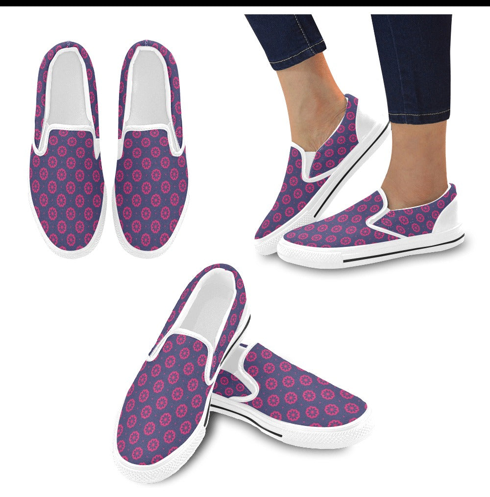 Water Lily Print Design LKS301 White Slip Ons Canvas Women's Shoes