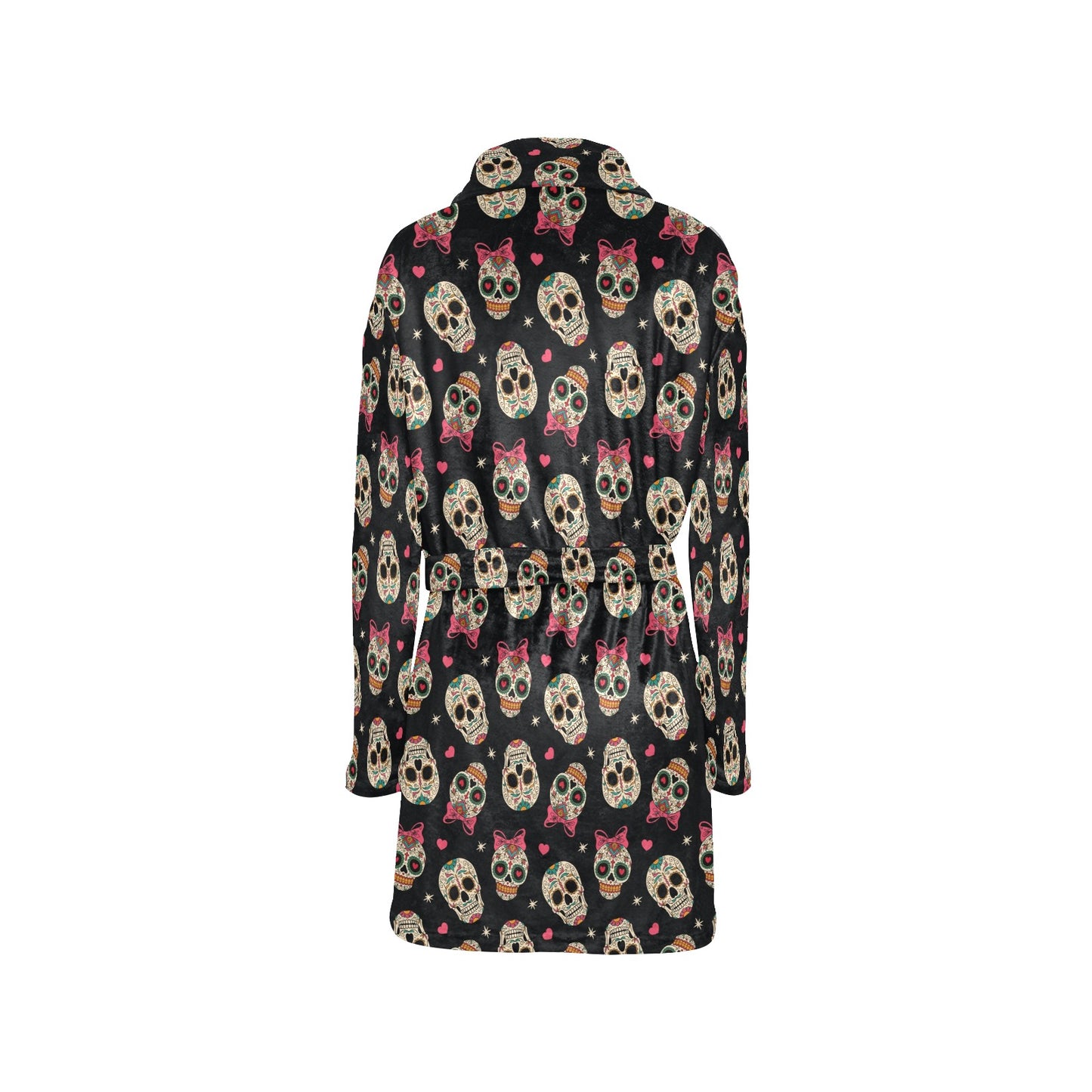 Sugar Skull Pink Bow Themed Print Women's Fleece Robe