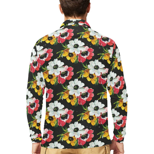 Anemone Pattern Print Design AM07 Long Sleeve Polo Shirt For Men's