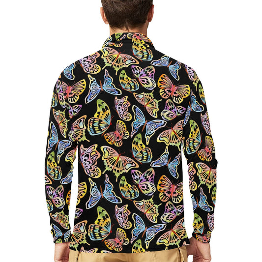 Butterfly Water Color Rainbow Long Sleeve Polo Shirt For Men's
