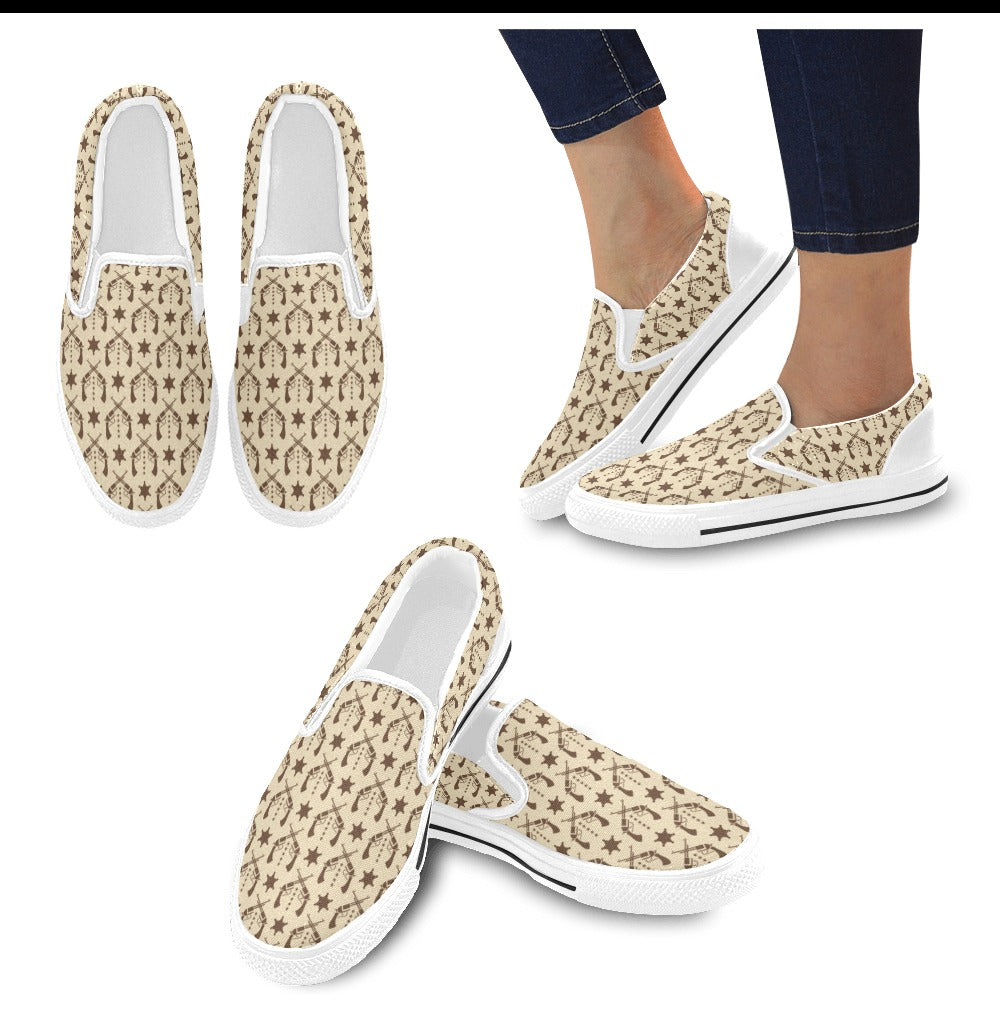 Western Cowboy Print Design LKS302 White Slip Ons Canvas Women's Shoes