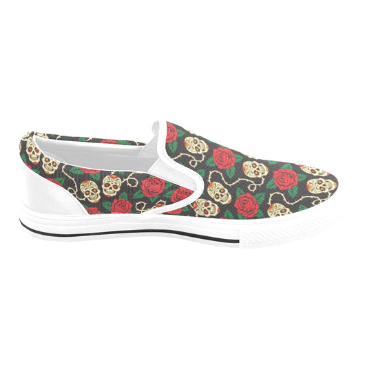 Sugar Skull Red Rose Print Design LKS301 White Slip Ons Canvas Women's Shoes