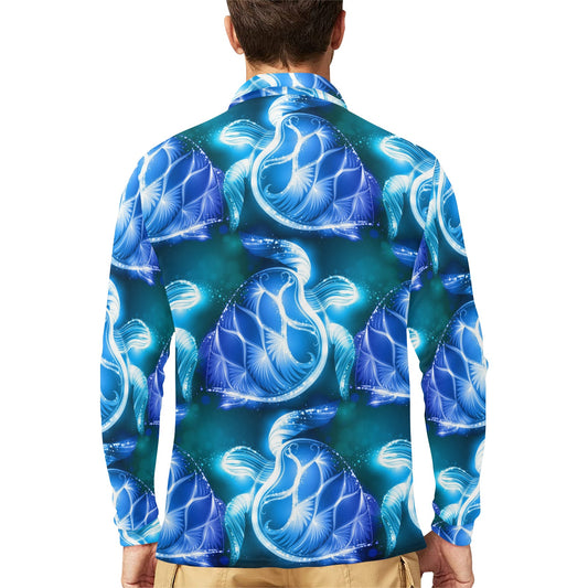 Blue Neon Sea Turtle Print Long Sleeve Polo Shirt For Men's