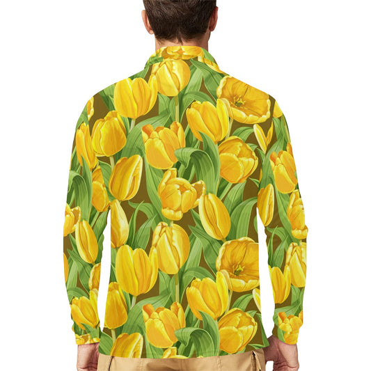 Tulip Yellow Pattern Print Design TP010 Long Sleeve Polo Shirt For Men's