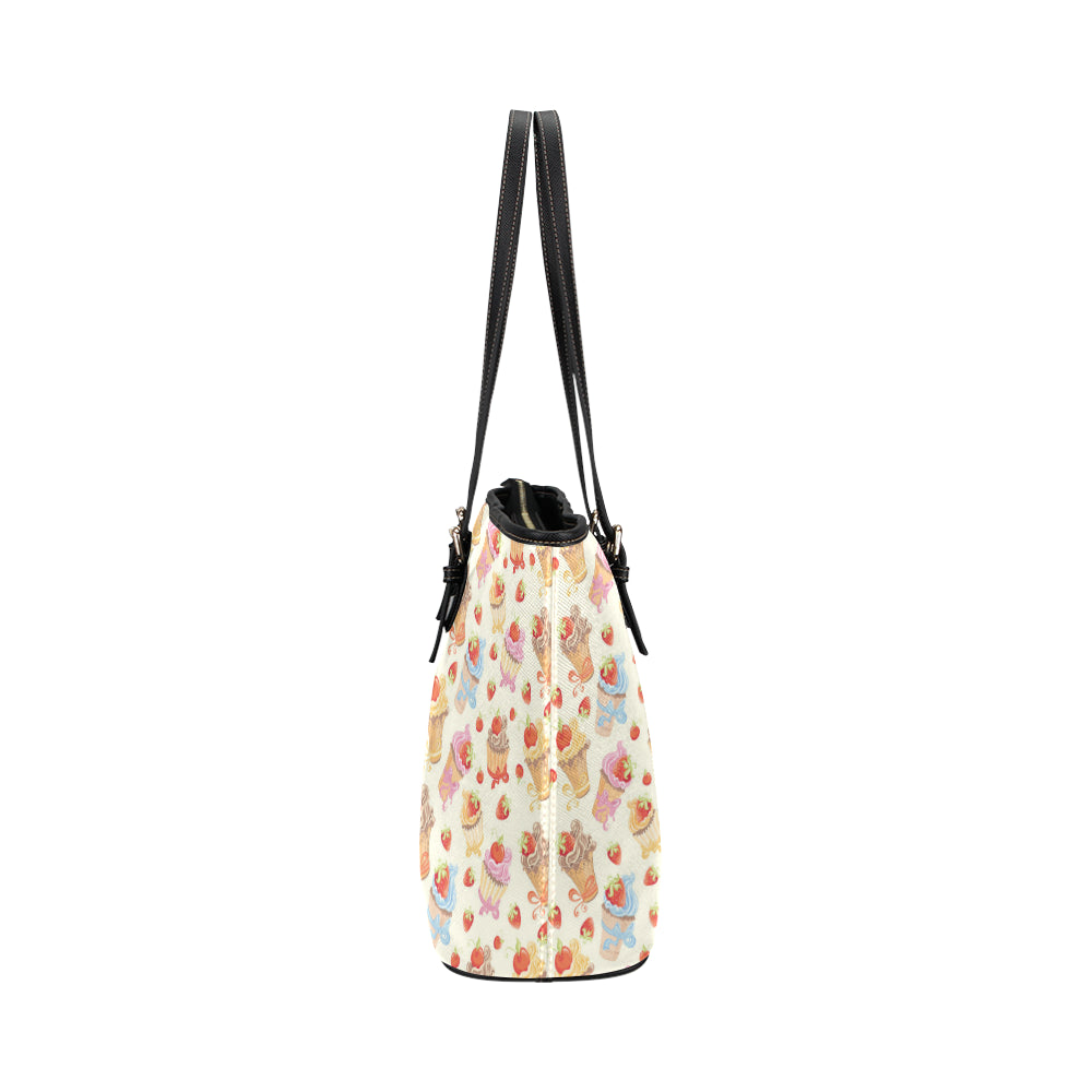 Cupcakes Strawberry Cherry Print Leather Tote Bag