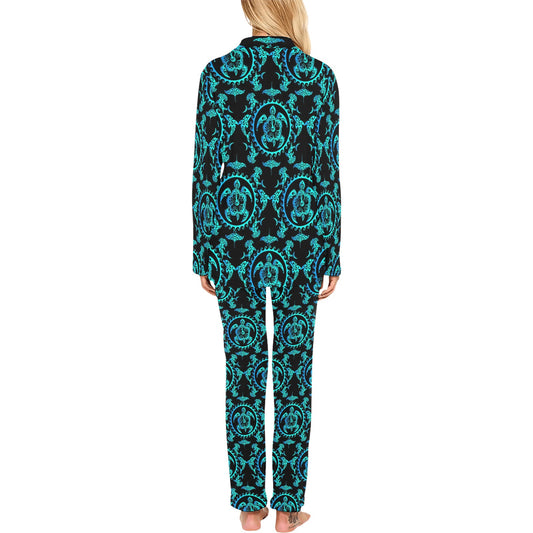 turquoise Tribal Sea Turtle Hawaiian Women's Long Pajama Set