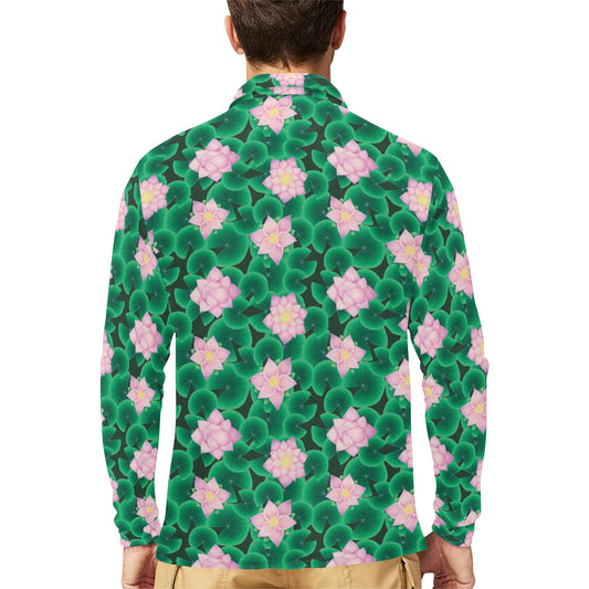Water Lily Print Design LKS303 Long Sleeve Polo Shirt For Men's