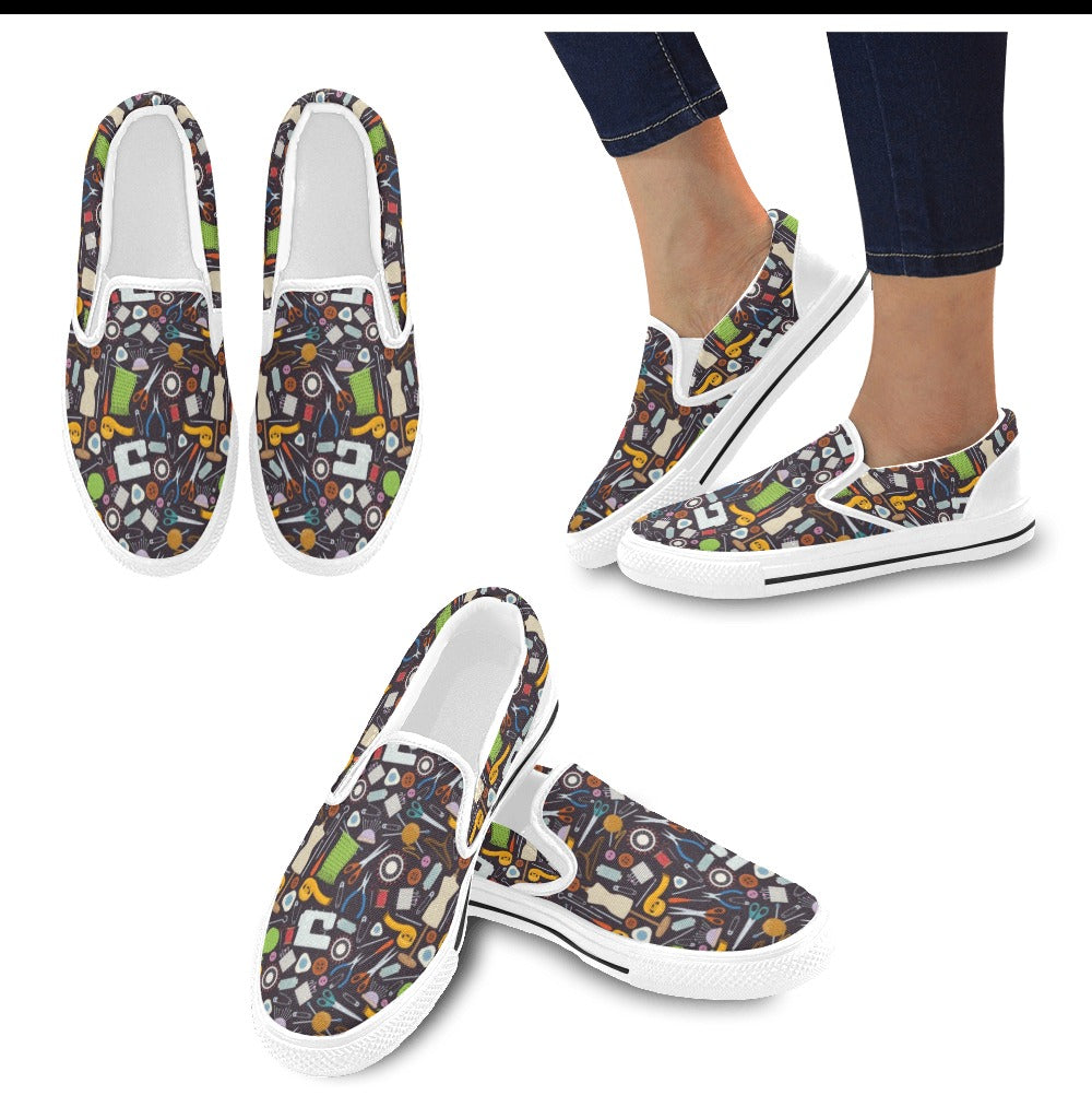 Sewing Equipment Print Design LKS308 White Slip Ons Canvas Women's Shoes