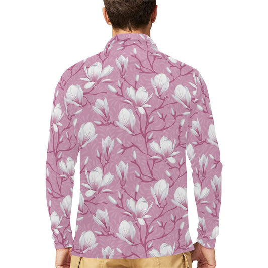 Magnolia Pattern Print Design MAG05 Long Sleeve Polo Shirt For Men's