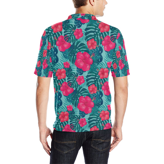 Red Hibiscus Pattern Print Design HB017 Men Polo Shirt