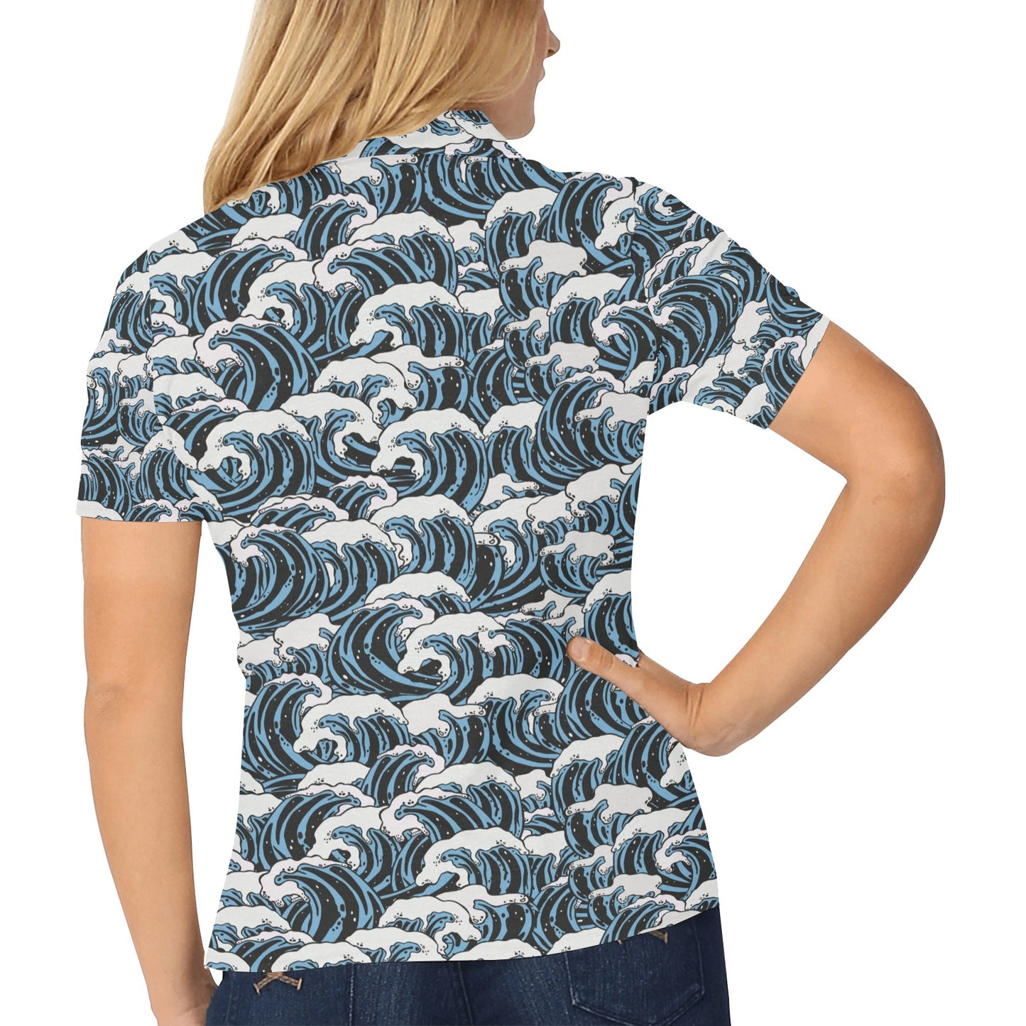 Surf Wave Pattern Print Women's Polo Shirt