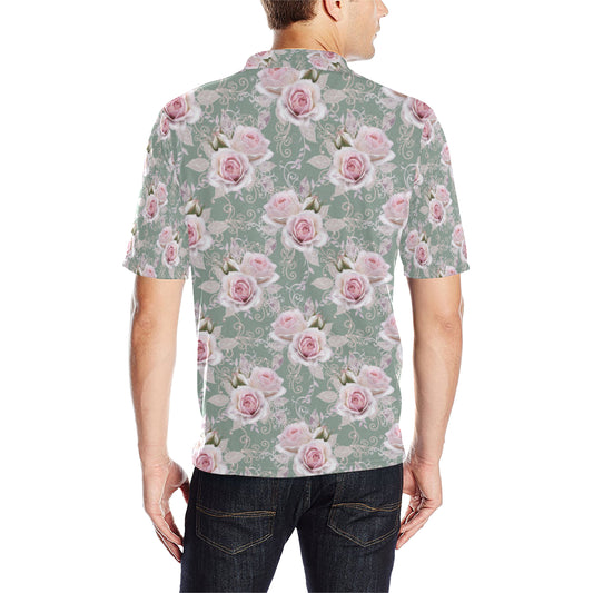 Rose White Pattern Print Design RO012 Men Polo Shirt