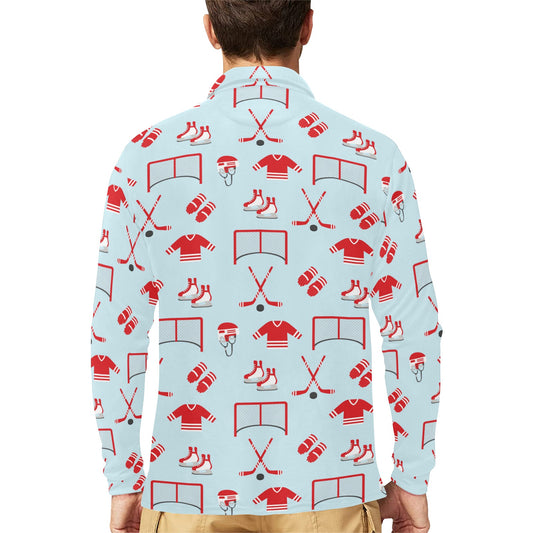 Hockey Red Equipment Print Design LKS305 Long Sleeve Polo Shirt For Men's