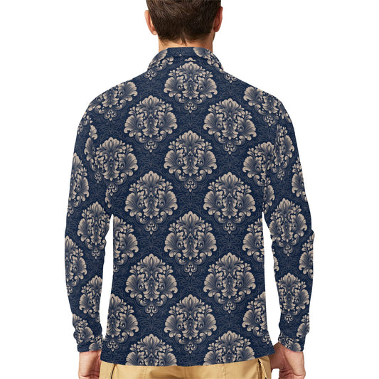 Damask Blue Luxury Print Pattern Long Sleeve Polo Shirt For Men's