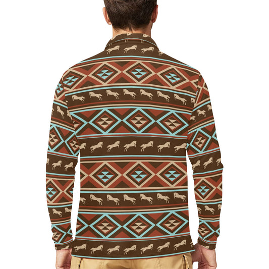 Western Horse Pattern Print LKS301 Long Sleeve Polo Shirt For Men's