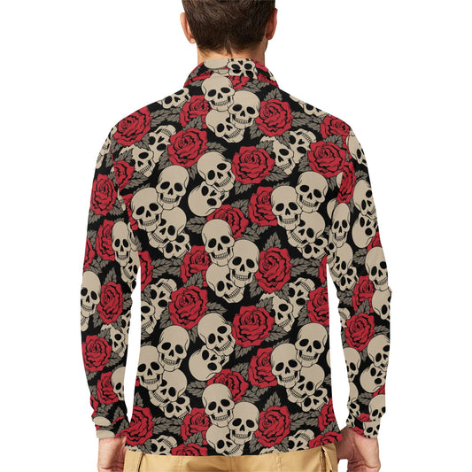 Skull And Roses Print Design LKS301 Long Sleeve Polo Shirt For Men's