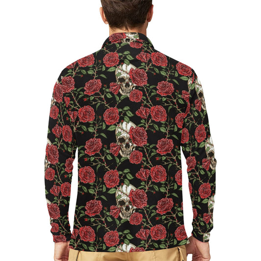 Skull And Roses Print Design LKS303 Long Sleeve Polo Shirt For Men's