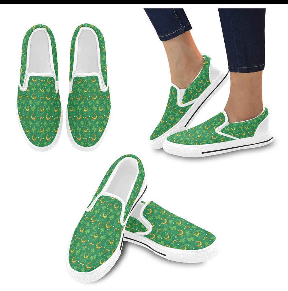 Shamrock With Horse Shoes Print Design LKS305 White Slip Ons Canvas Women's Shoes