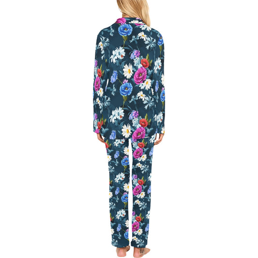 Floral Blue Themed Print Women's Long Pajama Set