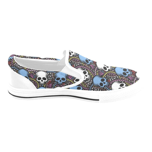 Skull Print Design LKS305 White Slip Ons Canvas Women's Shoes
