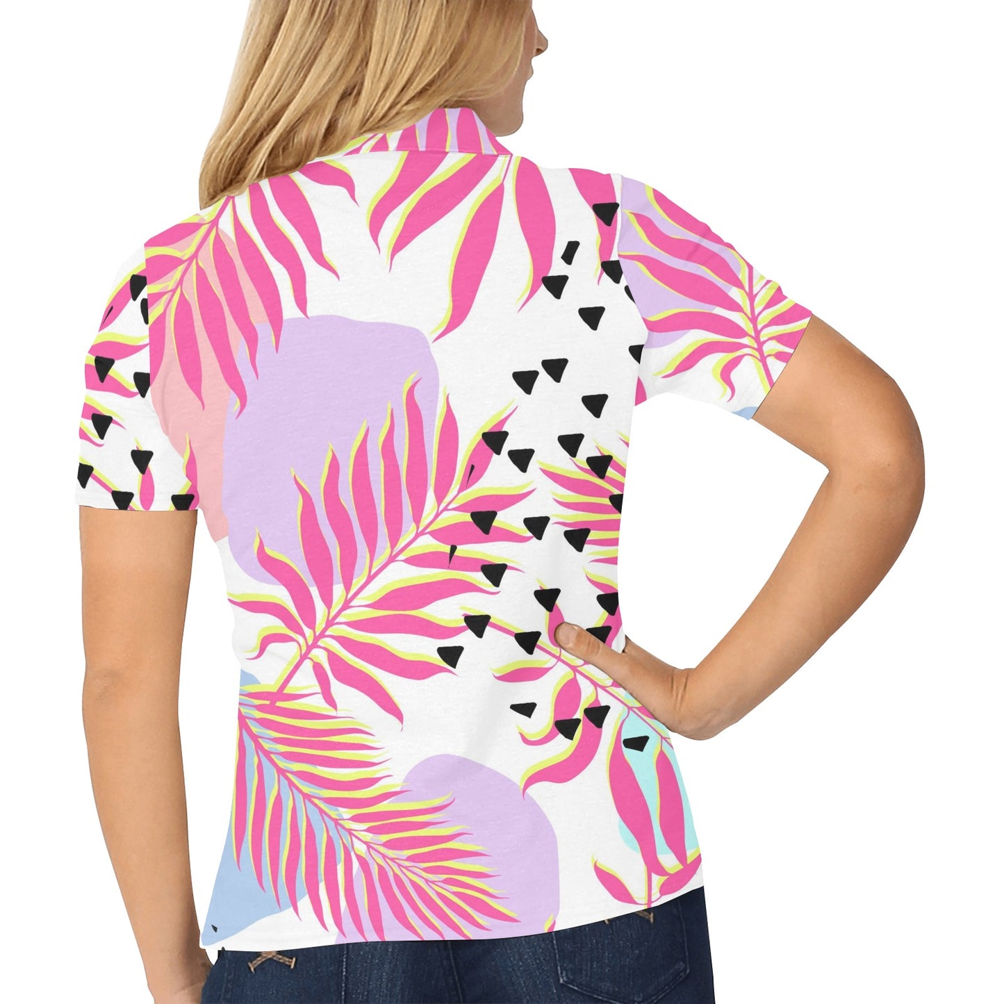 Pink Tropical Palm Leaves Women's Polo Shirt