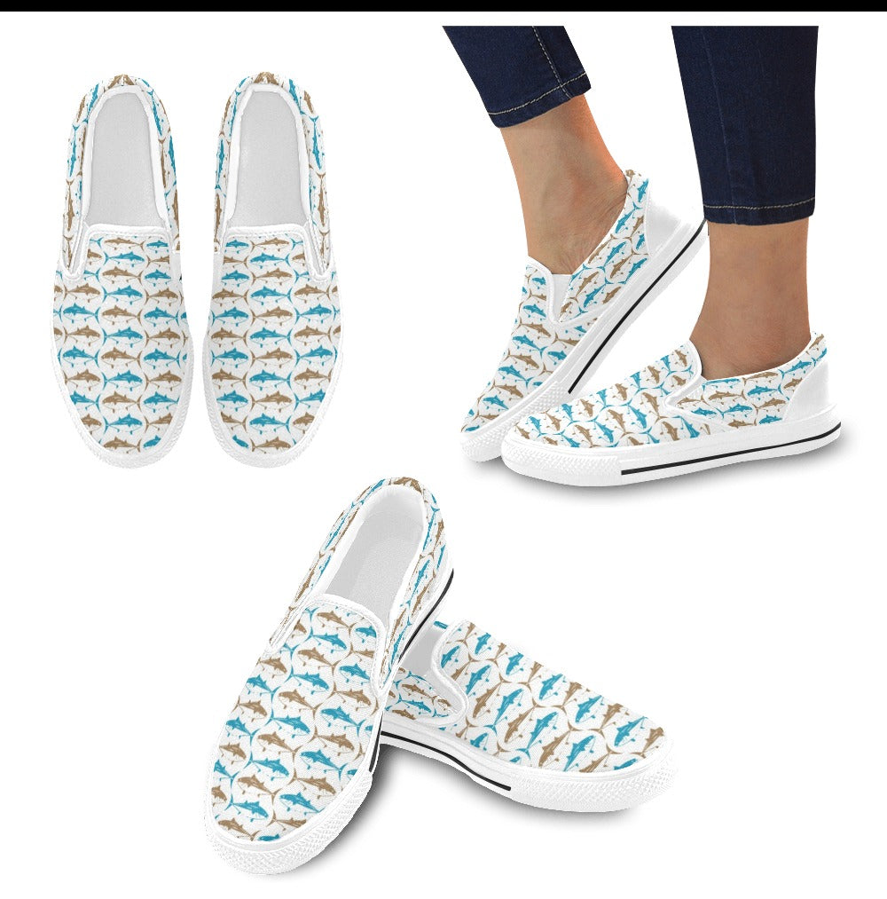 Tuna Fish Print Design LKS301 White Slip Ons Canvas Women's Shoes