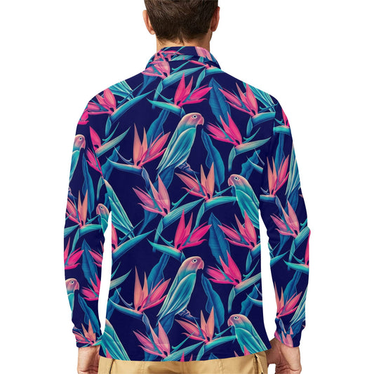 Tropical Flower Pattern Print Design TF024 Long Sleeve Polo Shirt For Men's