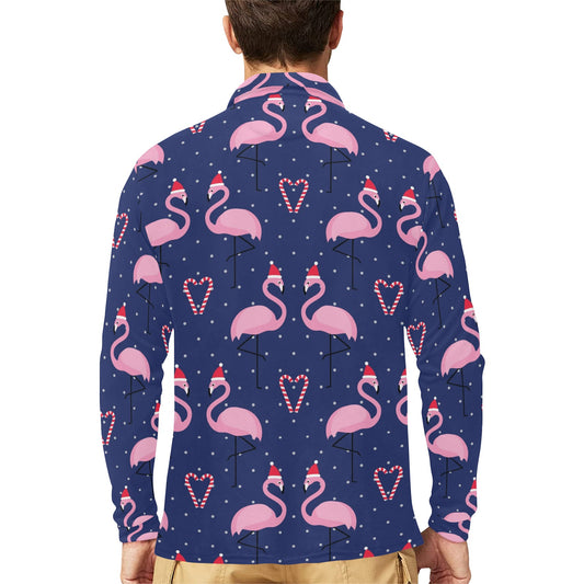 Flamingo Christmas Long Sleeve Polo Shirt For Men's