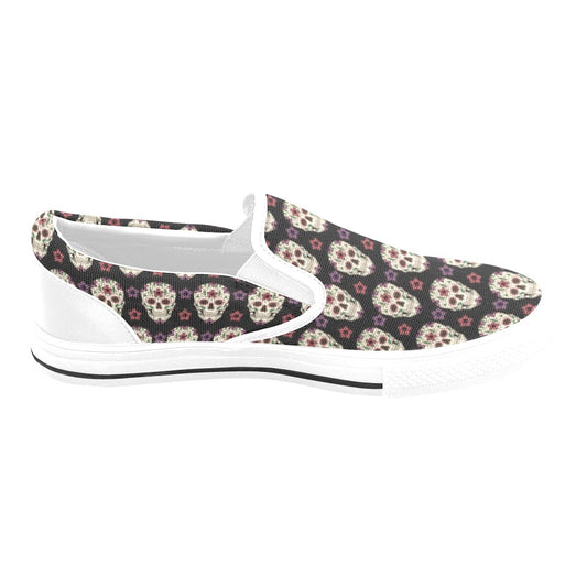 Sugar Skull Print Design LKS304 White Slip Ons Canvas Women's Shoes